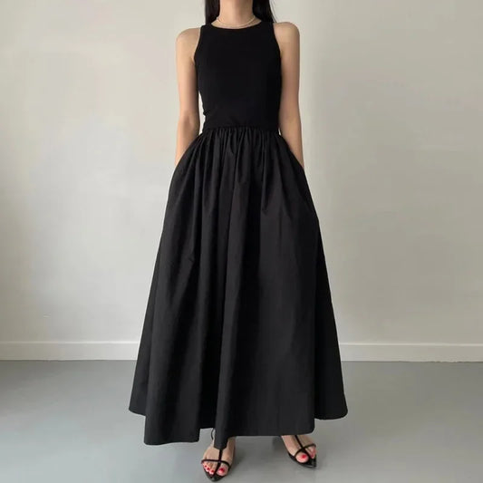 New Summer Simple Elegant Black Long Dresses For Women Round Neck